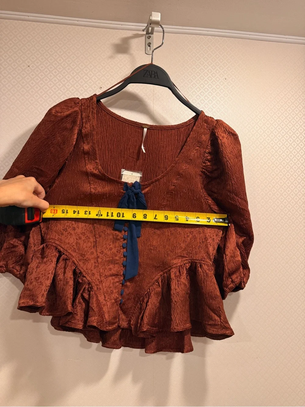 NWT Free People Pamela Bow Top Womens Rust Red Blouse with Navy Ribbon Size XS